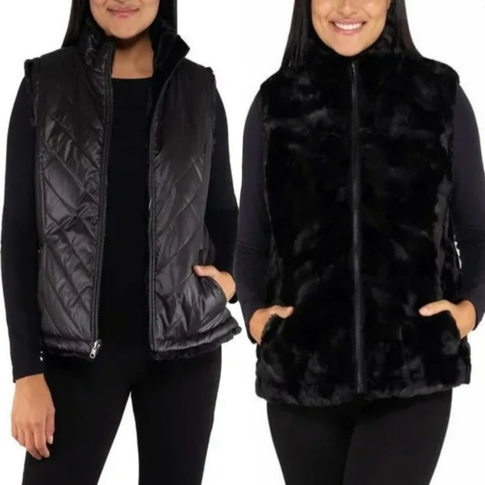 Nicole Miller Reversible Cozy Quilted Faux Fur Insulated Puffer‎ Vest, XS